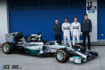 Paddy Lowe, Lewis Hamilton, Nico Rosberg, Toto Wolff, Mercedes W05 launch, 2014
