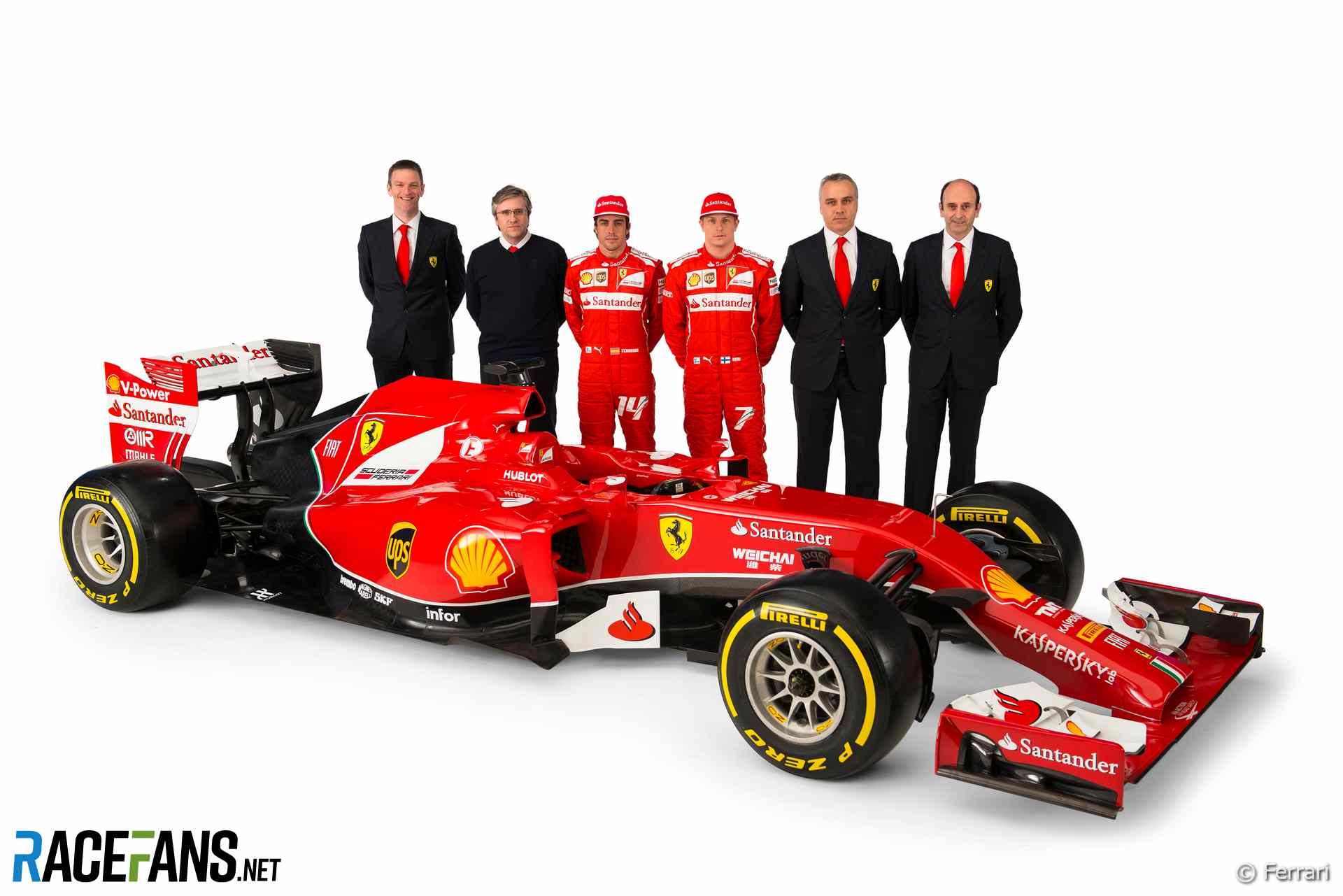 James Allison, Pat Fry, Fernando Alonso, Kimi Raikkonen, Corrado Lanzone and Luca Marmorini at the Ferrari F14 T launch, 2014