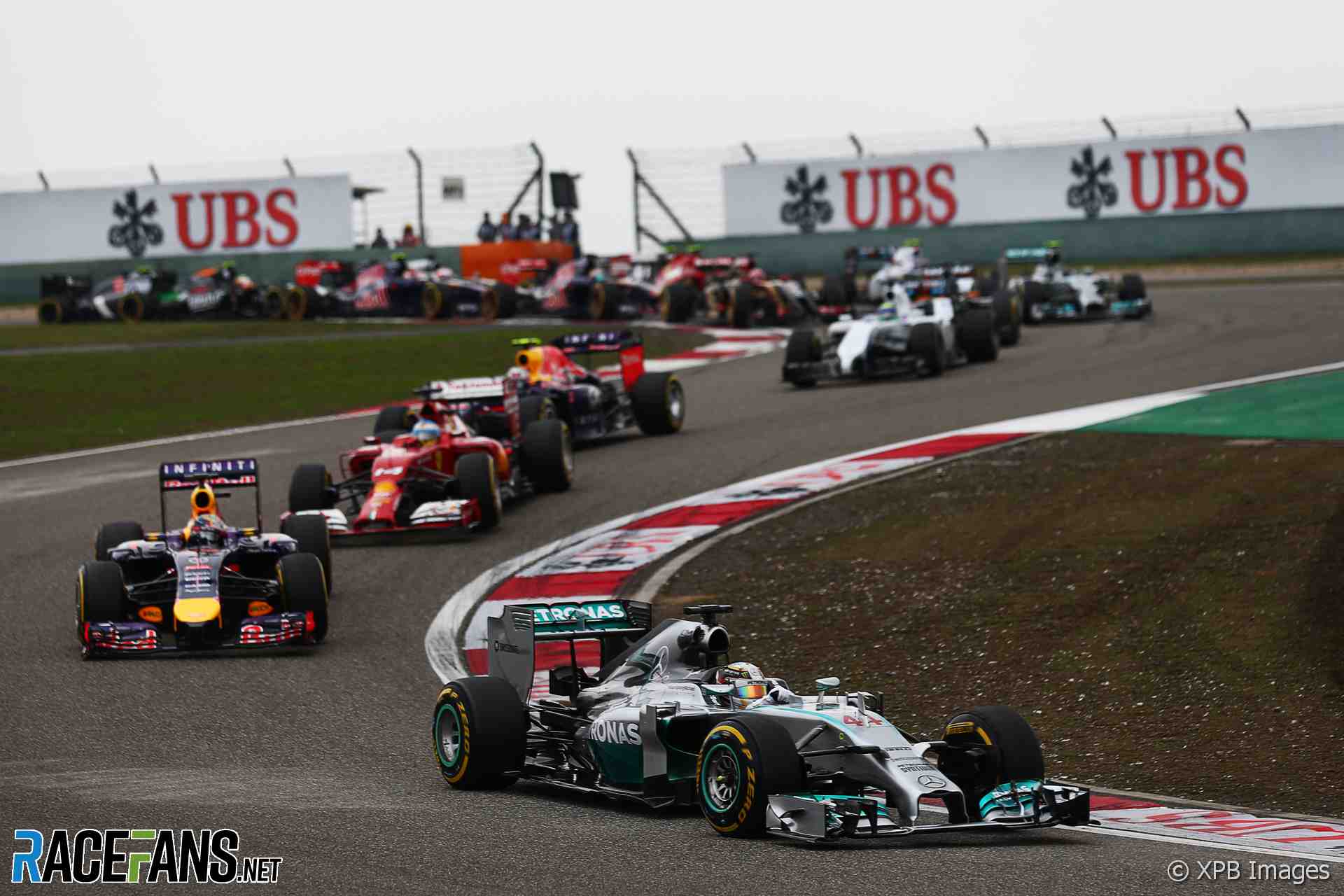 Lewis Hamilton leads at the start of the 2014 Chinese Grand Prix