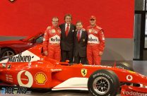Rubens Barrichello, Luca di Montezemolo, Jean Todt, Michael Schumacher, Ferrari F2002 launch, 2002