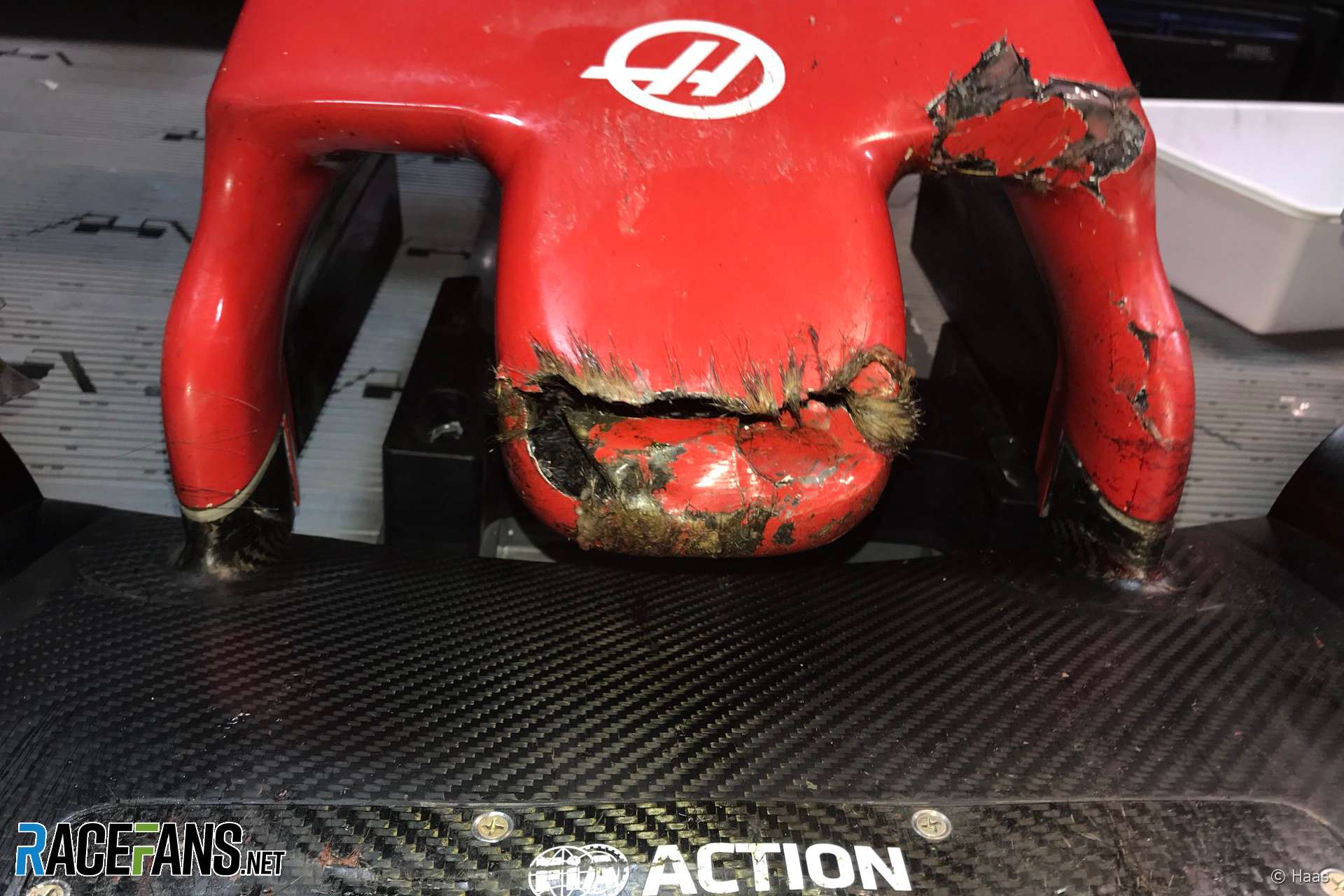 Romain Grosjean's Haas nose after hitting a marmot, Circuit Gilles Villeneuve, 2018
