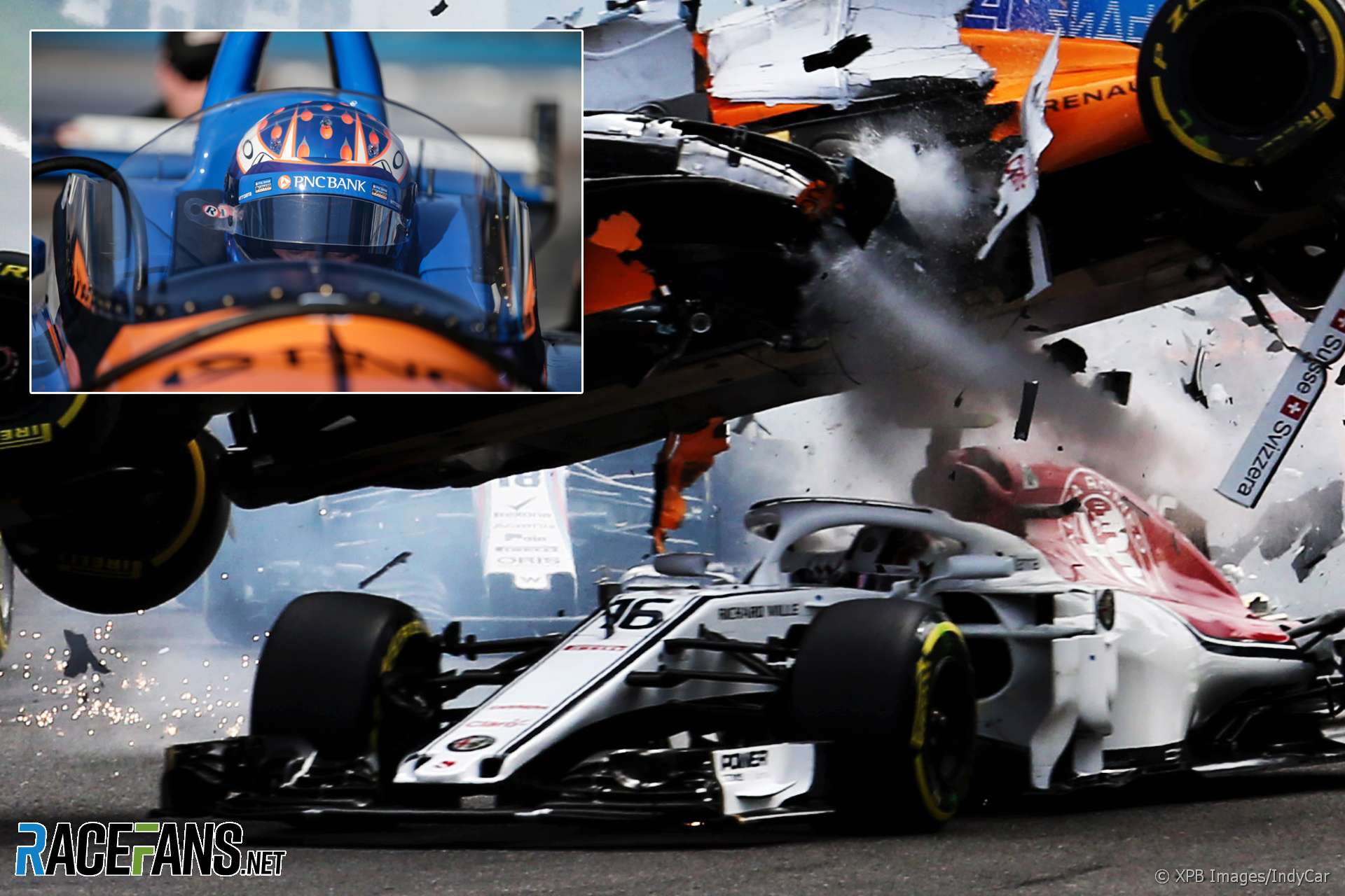 Composite image of Charles Leclerc's Spa 2018 crash and Scott Dixon testing IndyCar's windscreen