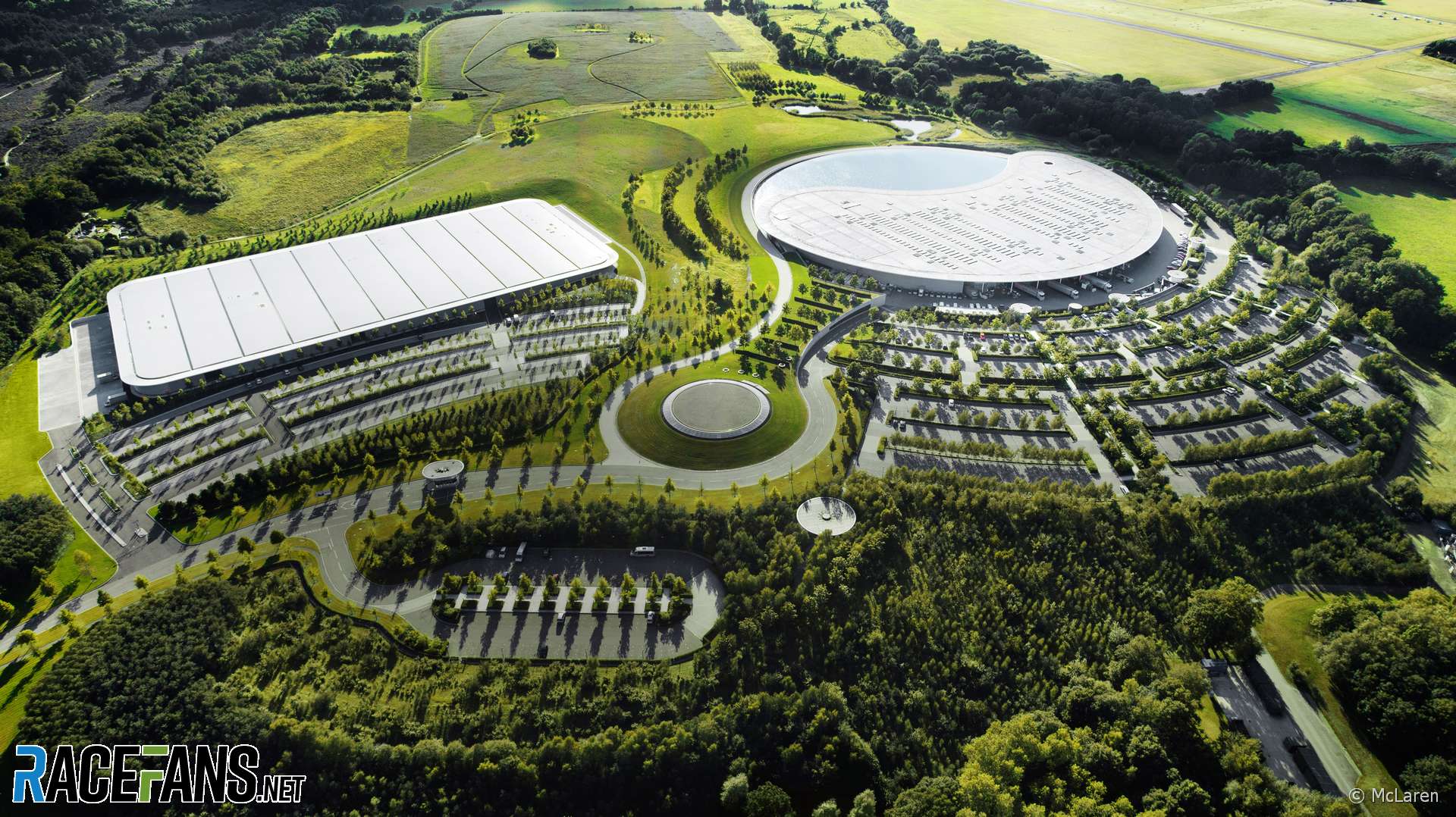 McLaren Technology Centre exterior, aerial view