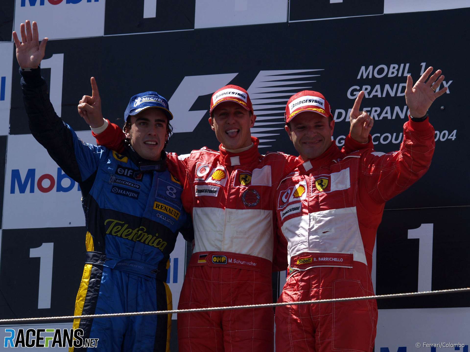 Fernando Alonso, Michael Schumacher, Rubens Barrichello, Magny-Cours, 2004