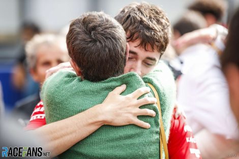 Charles Leclerc hugs Anthoine Hubert's mother, Spa-Francorchamps, 2019