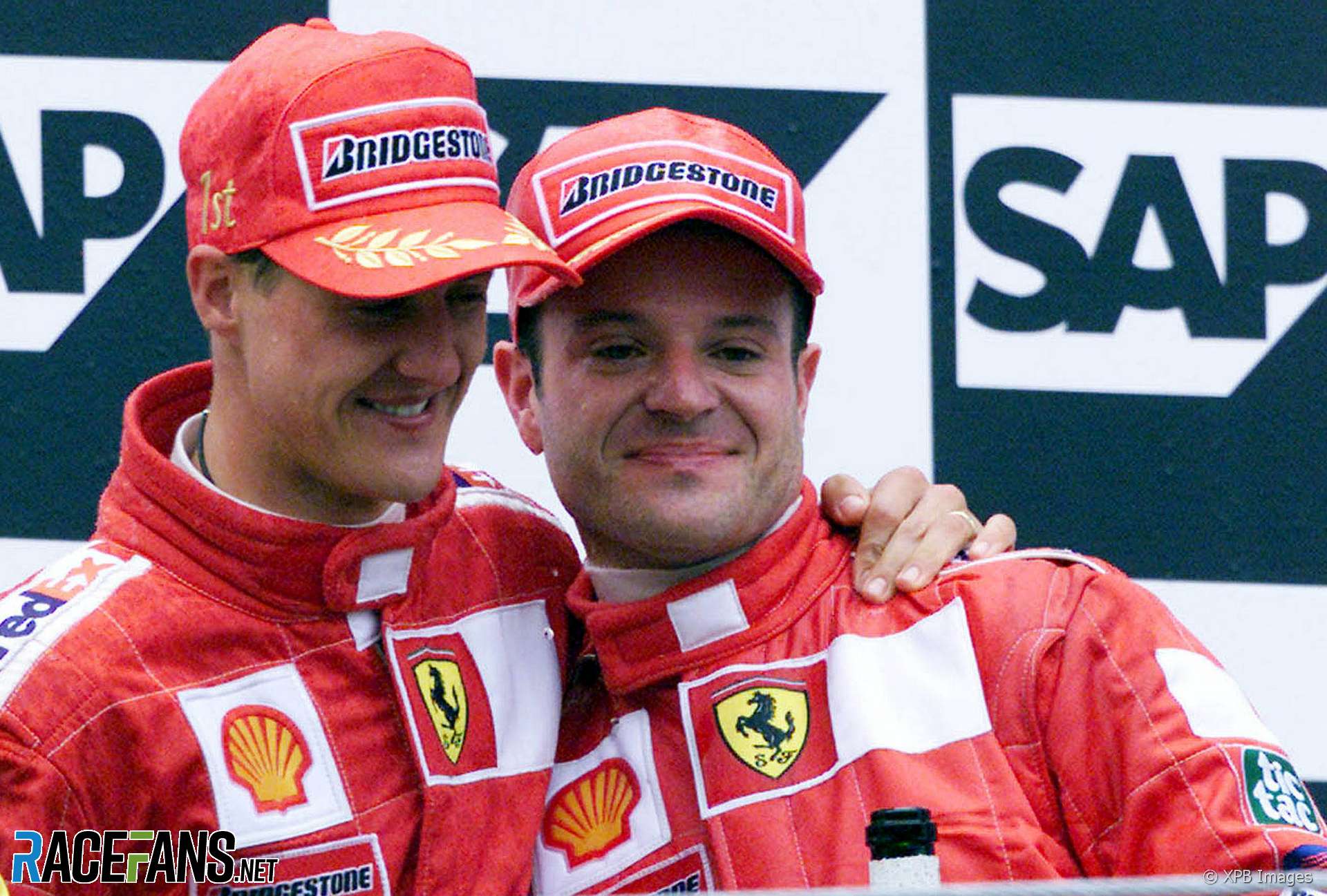 Rubens Barrichello und Michael Schumachergl cklich auf dem Podium bei ...