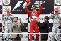 Mika Hakkinen, Michael Schumacher, David Coulthard, Romano Prodi, Gerhard Schroeder, Nurburgring, 2000