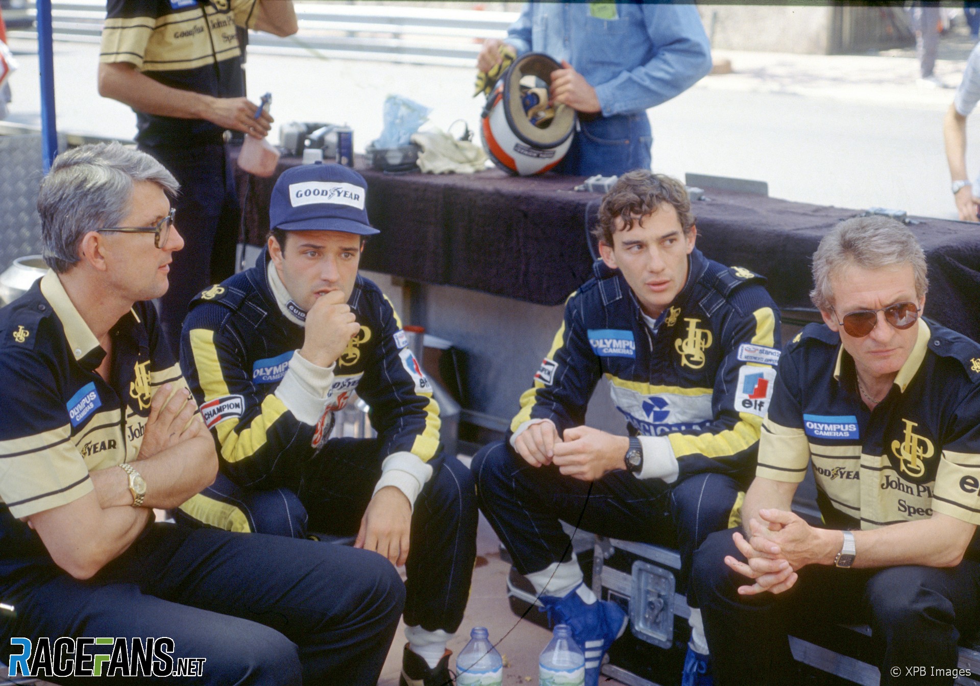 Peter Warr, Elio de Angelis, Ayrton Senna, Gerard Ducarouge, Lotus, Monaco, 1985