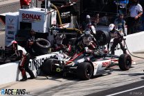 Rinus VeeKay hits his pit crew, Carpenter, Indianapolis 500, 2020