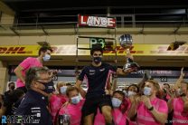 Lance Stroll, Racing Point, 3rd position, celebrates with his team