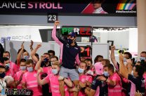 Sergio Perez, Racing Point, 1st position, celebrates with his team