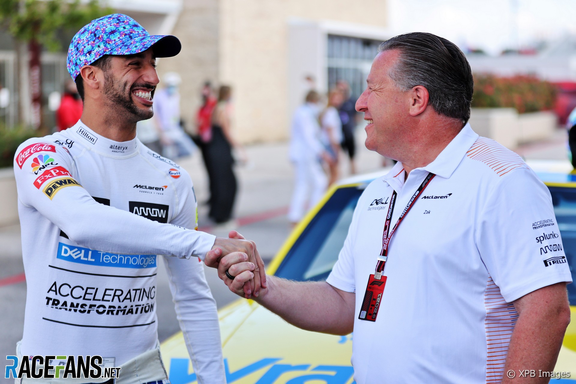 Daniel Ricciardo, Zak Brown, NASCAR demonstration run, Circuit of the Americas, 2021