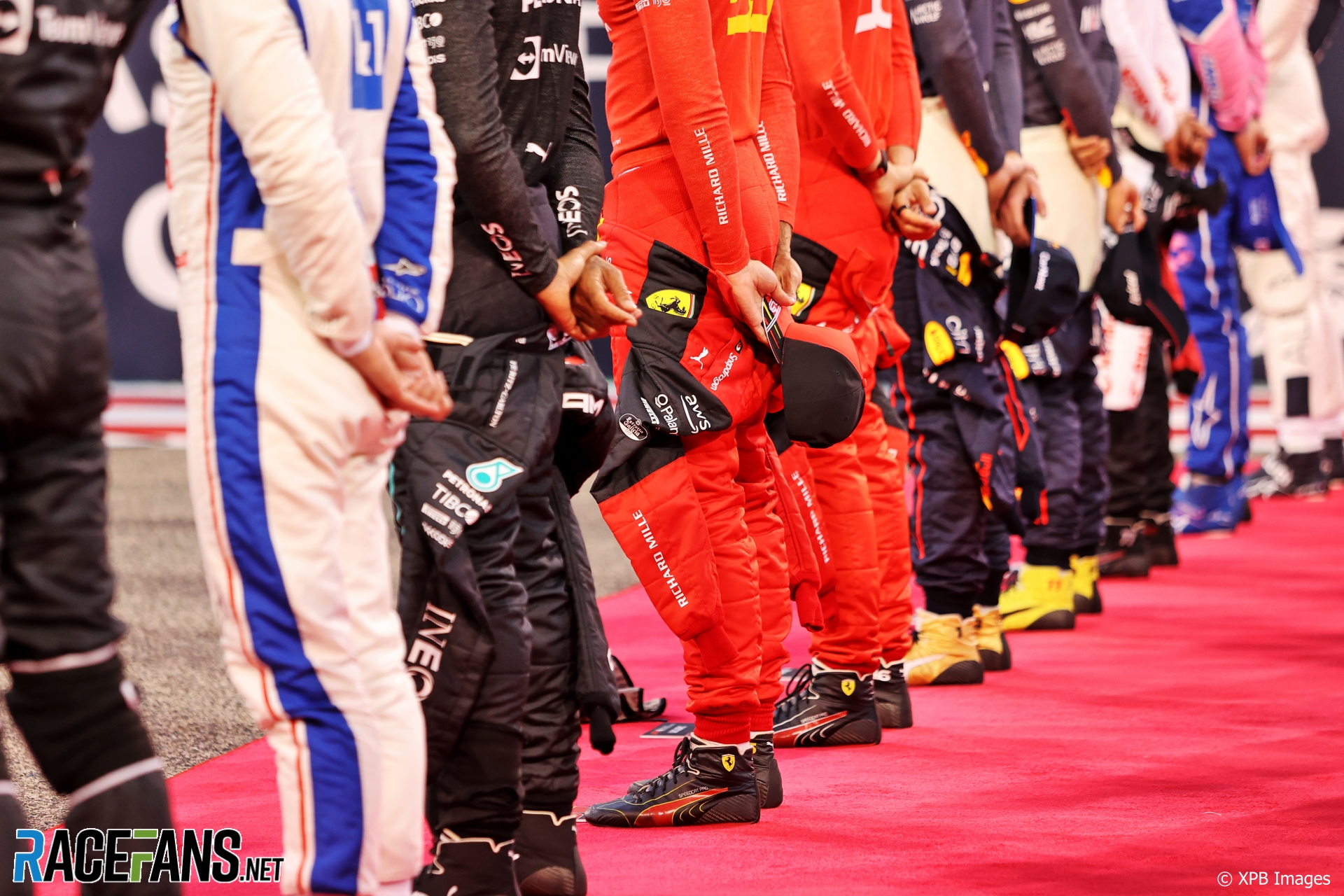 Drivers observe the national anthem, Bahrain International Circuit, 2022