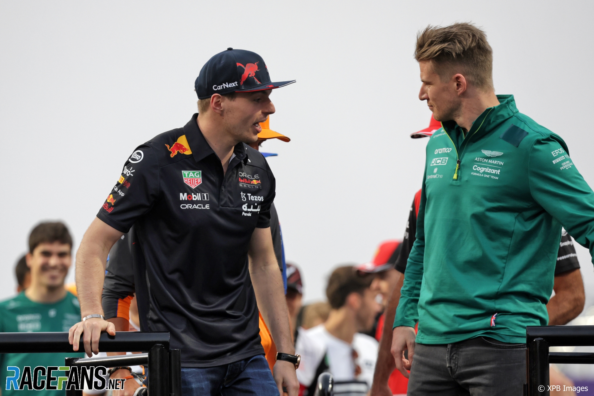 (L to R): Max Verstappen, Red Bull; Nico Hulkenberg, Aston Martin, Jeddah Corniche Circuit, 2022