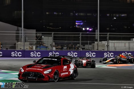 Charles Leclerc, Ferrari, leads behind the Mercedes FIA Safety Car, Jeddah Corniche Circuit, 2022