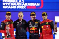 (L to R): Charles Leclerc, Ferrari; Paul Monaghan, Red Bull Chief Engineer; Max Verstappen, Red Bull; Carlos Sainz Jr, Ferrari