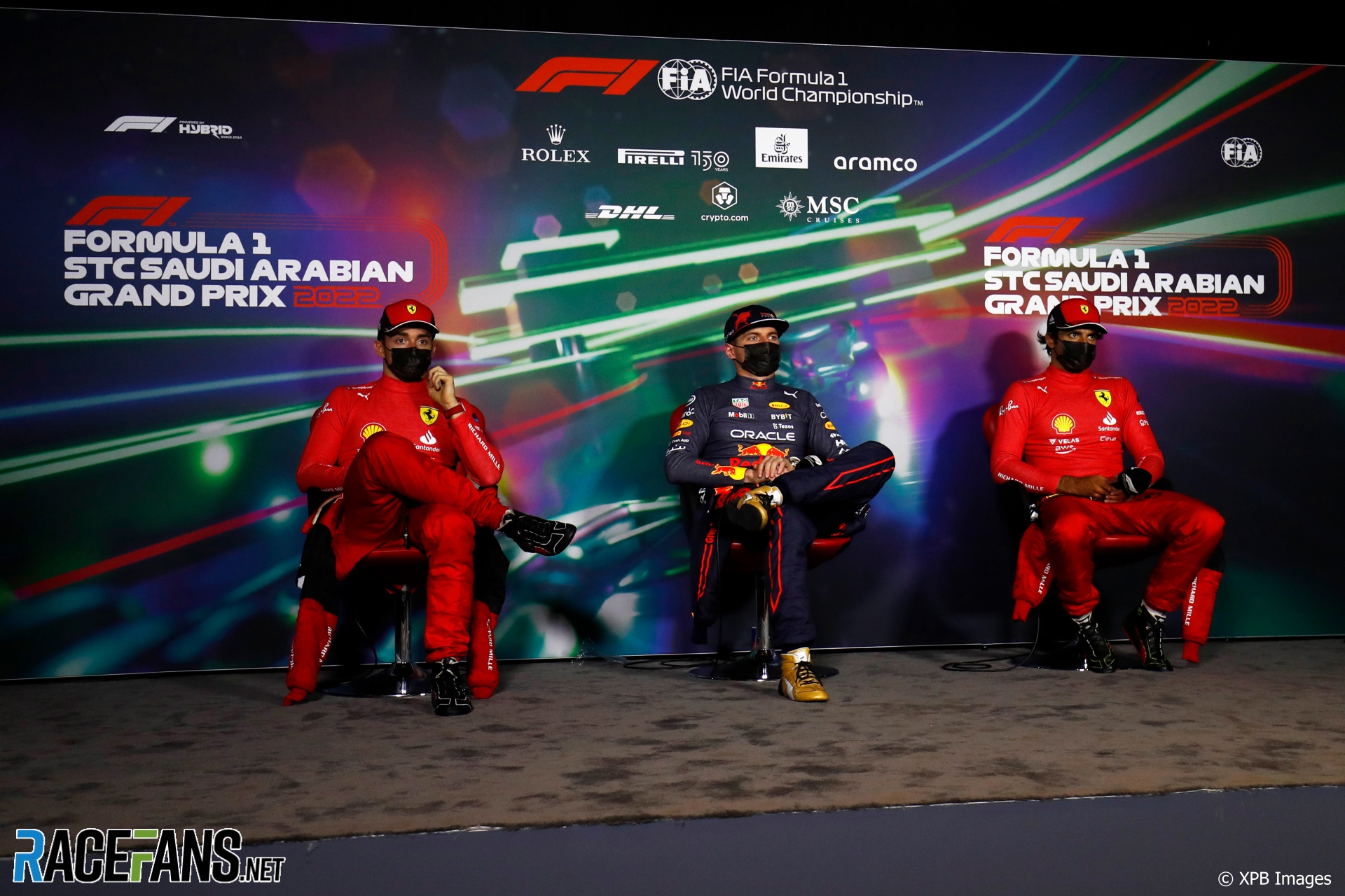 (L to R): Charles Leclerc, Ferrari; Max Verstappen, Red Bull; Carlos Sainz Jr, Ferrari, Jeddah Corniche Circuit, 2022
