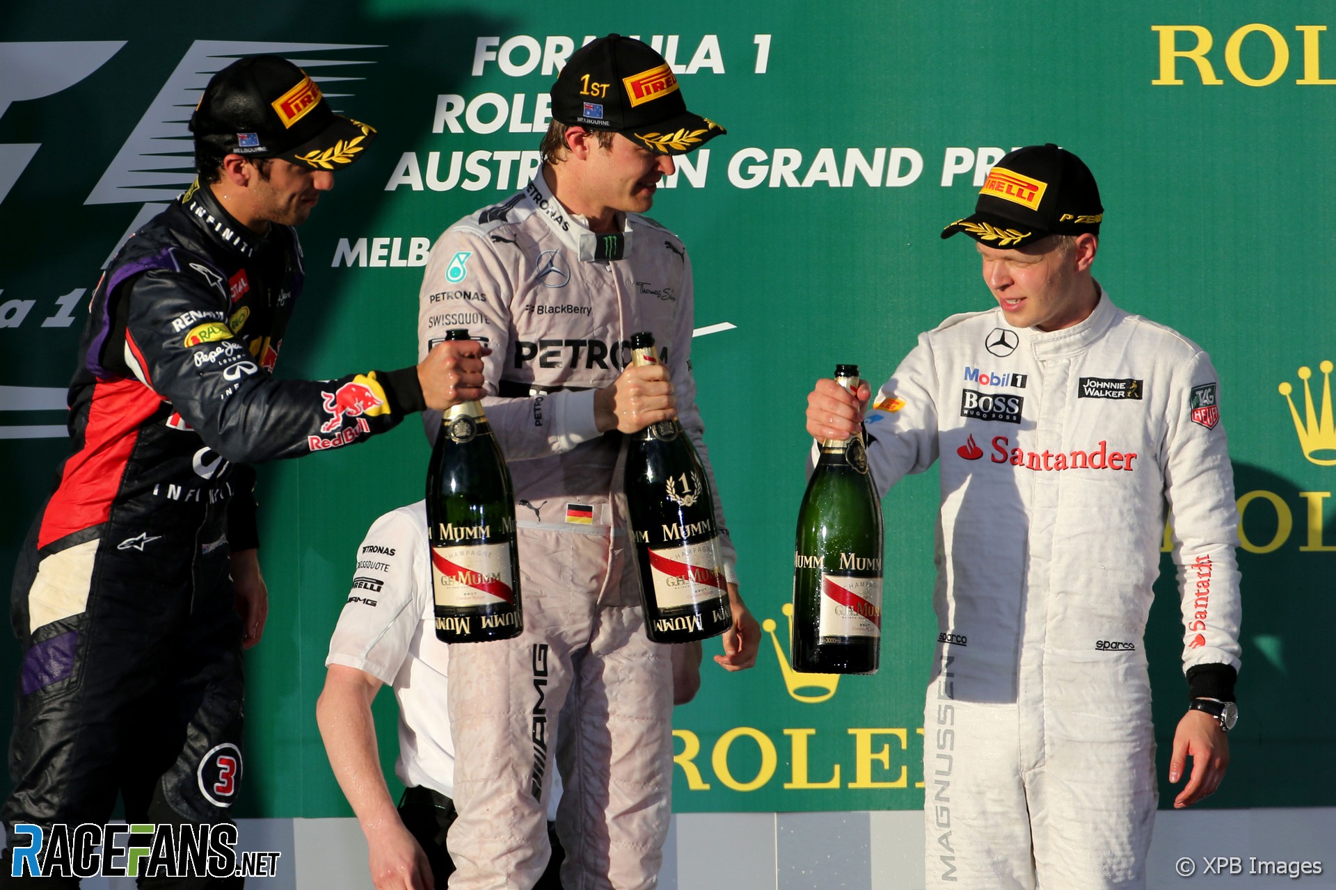 Daniel Ricciardo, Nico Rosberg, Kevin Magnussen