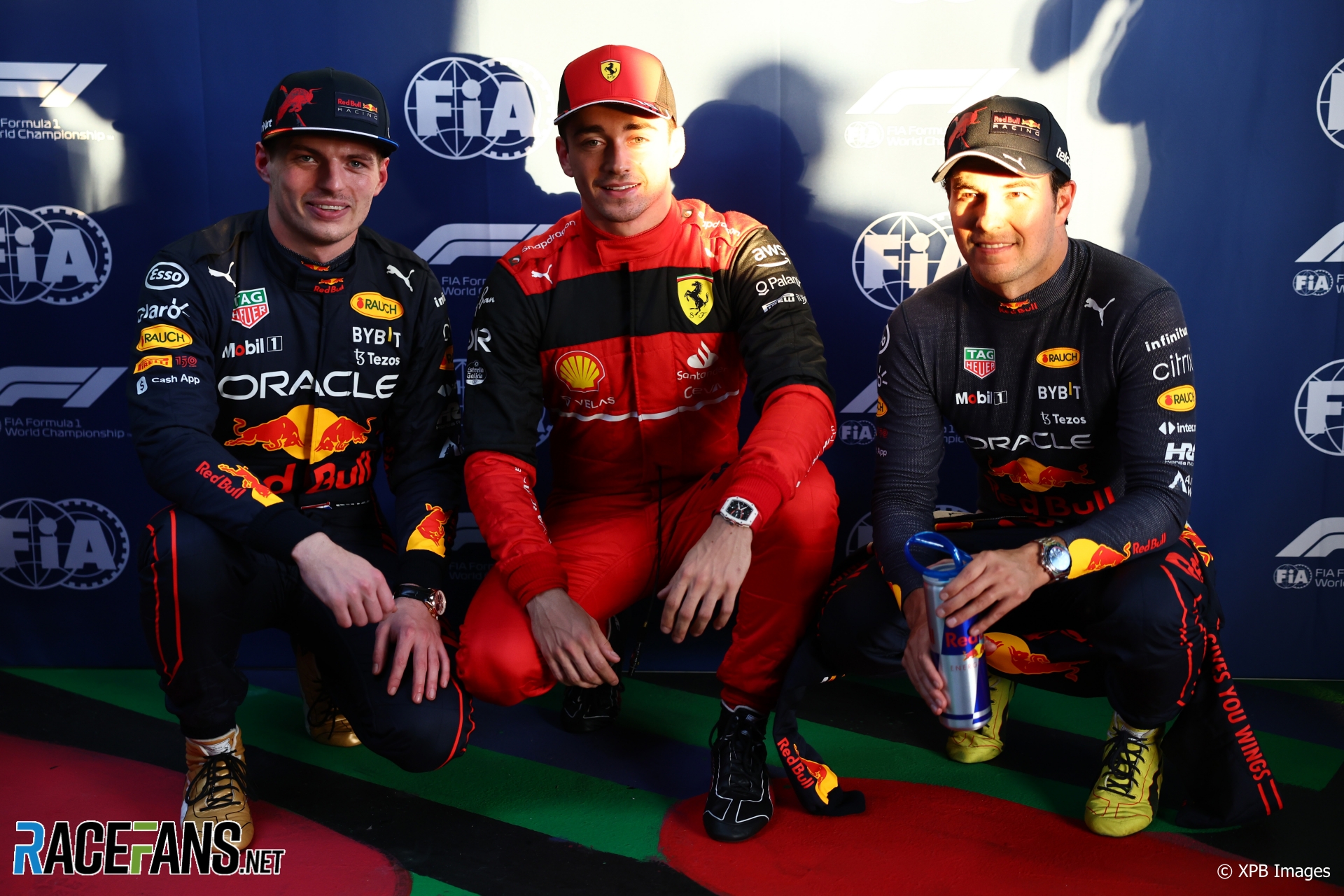 (L to R): Max Verstappen, Red Bull; Charles Leclerc, Ferrari; Sergio Perez, Red Bull, Albert Park, 2022