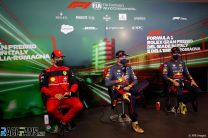 (L to R): Charles Leclerc, Ferrari; Max Verstappen, Sergio Perez, Red Bull; Imola, 2022