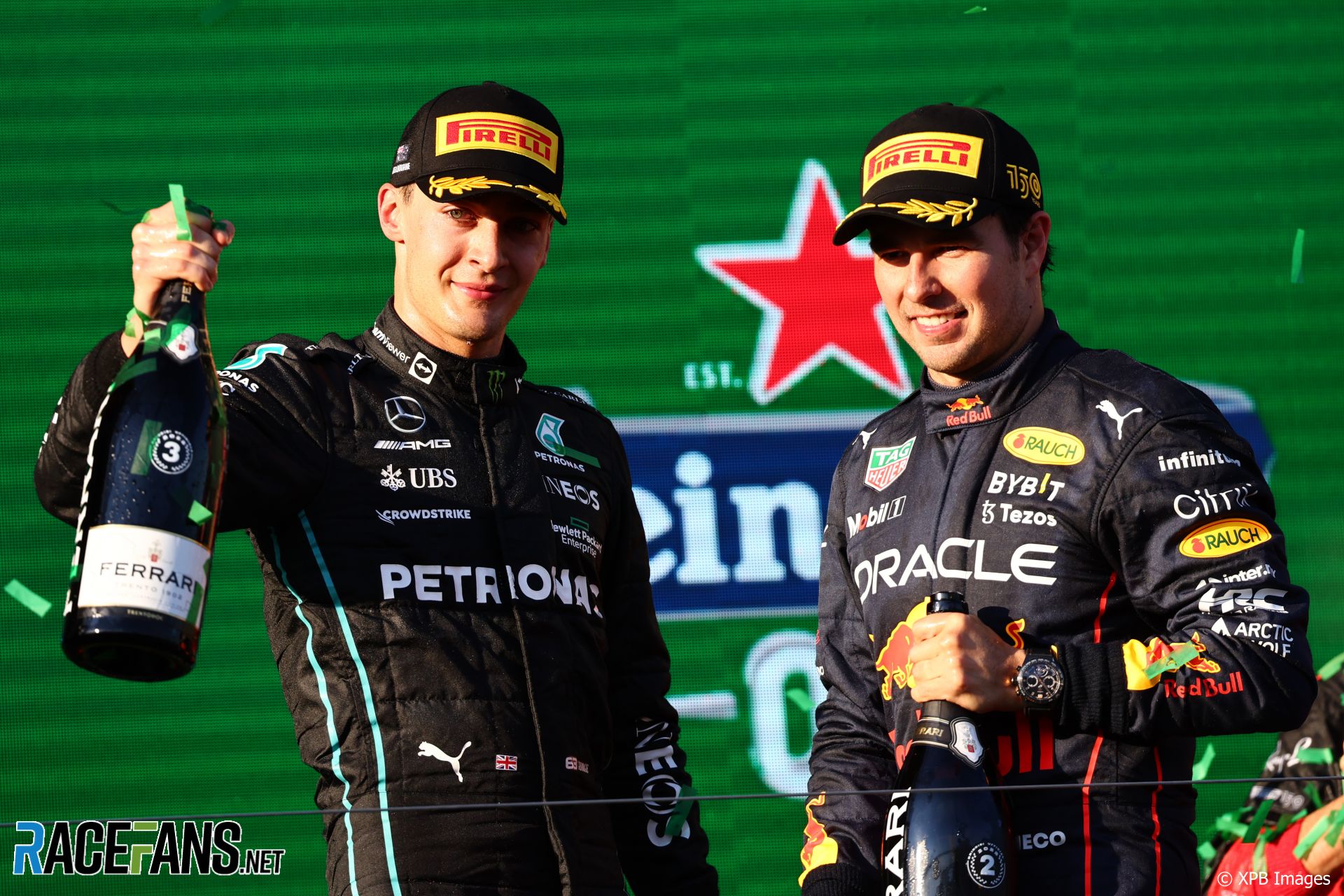 (L to R): George Russell, Mercedes; Sergio Perez, Red Bull, Albert Park, 2022