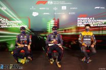 (L to R): Sergio Perez, Max Verstappen, Red Bull; Lando Norris, McLaren; Imola, 2022