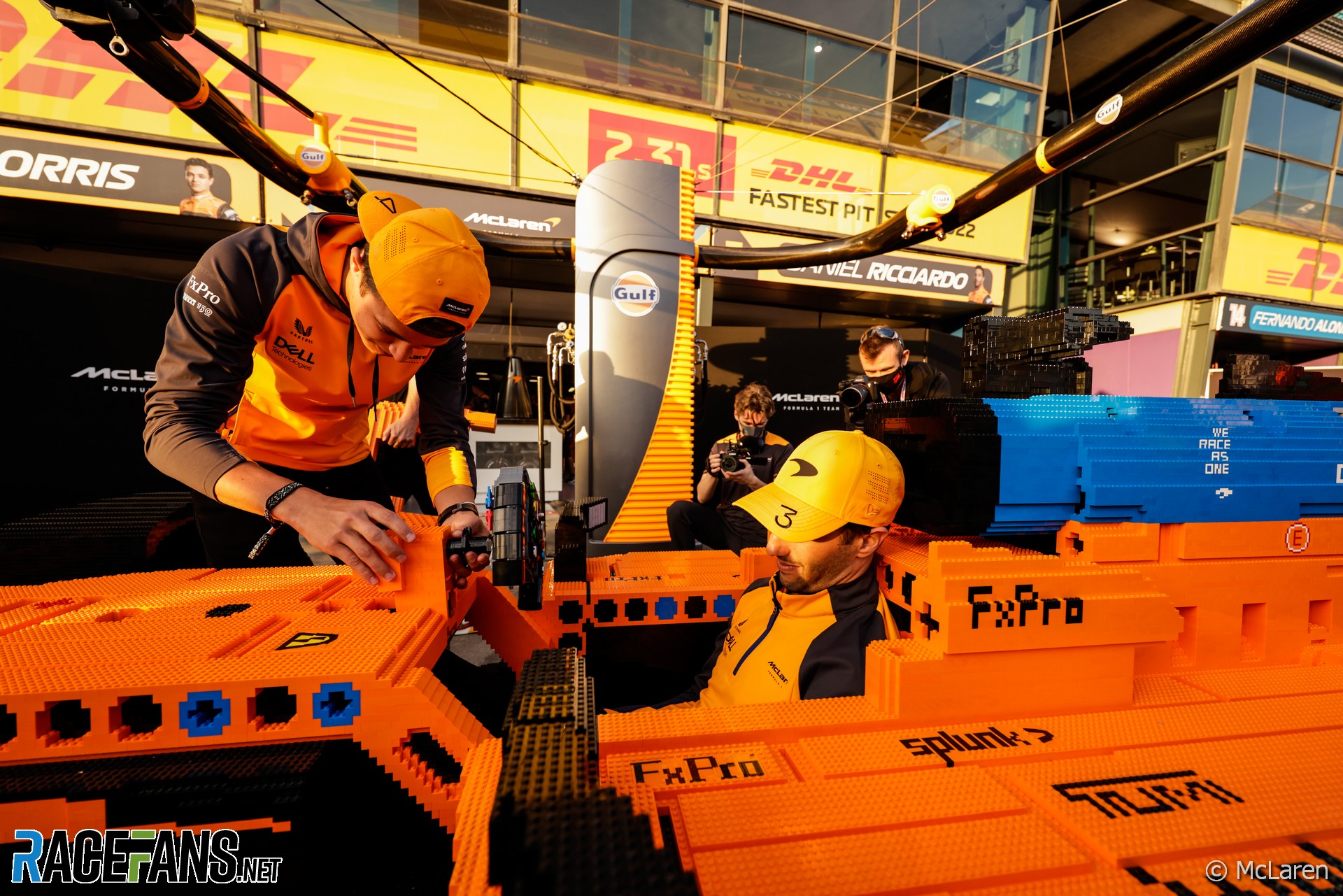 Lando Norris and Daniel Ricciardo with a Full-size Lego McLaren, Albert Park, Melbourne, 2022