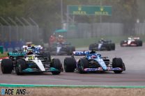 Lewis Hamilton, Mercedes, battles Fernando Alonso, Alpine, for position, Imola, 2022