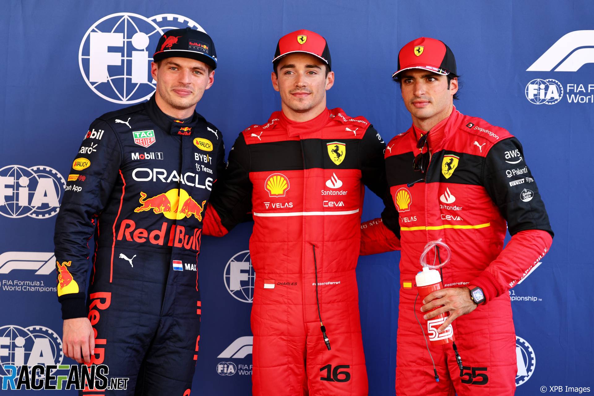 (L to R): Max Verstappen, Red Bull; Charles Leclerc, Carlos Sainz Jr, Ferrari, Circuit de Barcelona-Catalunya, 2022