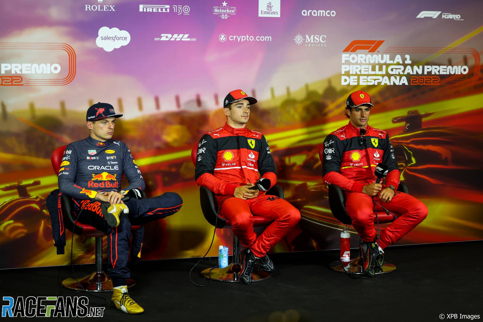 (L to R): Max Verstappen, Red Bull; Charles Leclerc, Carlos Sainz Jr, Ferrari, Circuit de Barcelona-Catalunya, 2022