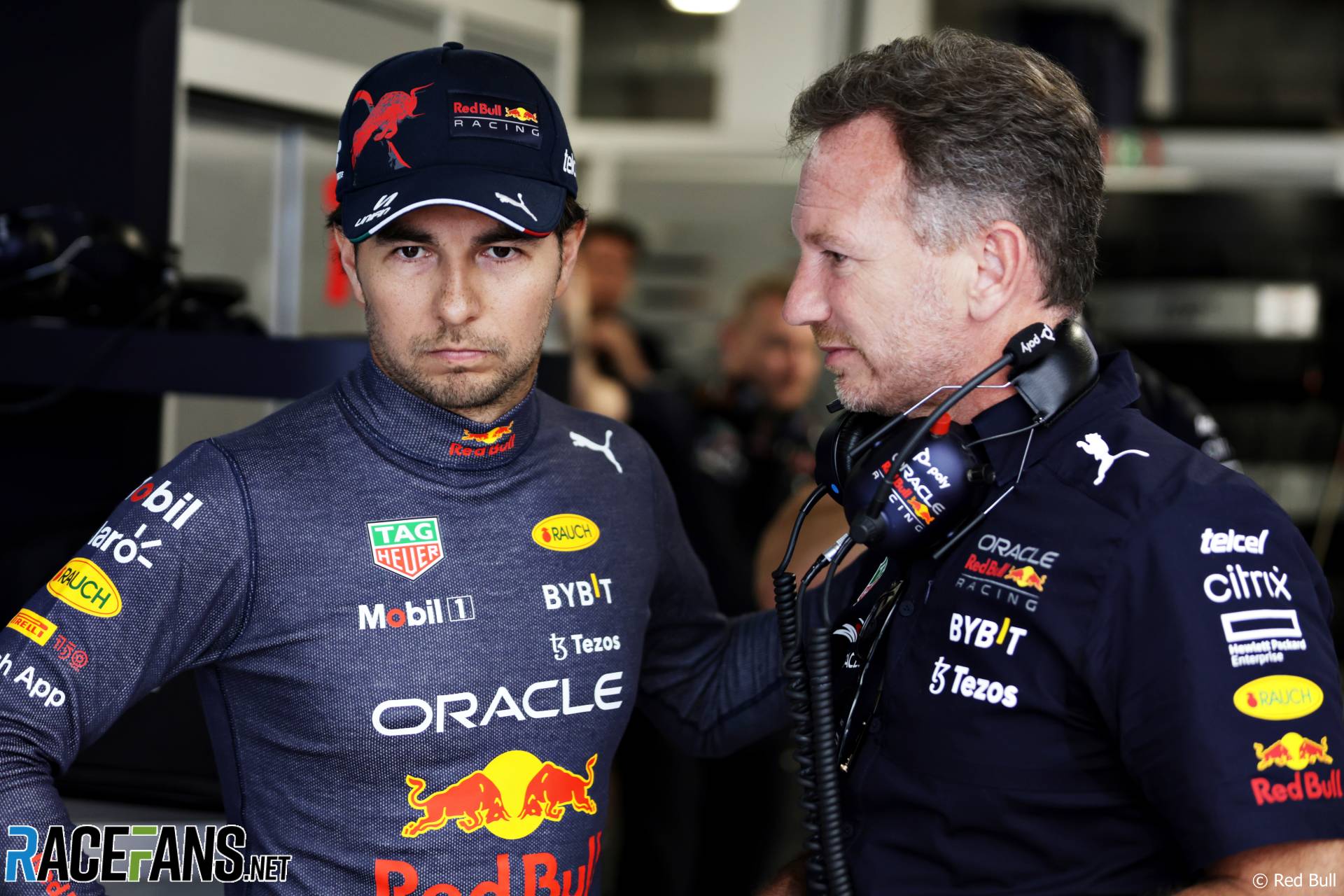 (L to R): Sergio Perez, Red Bull; Christian Horner, Red Bull Team Principal, Miami International Autodrome, 2022