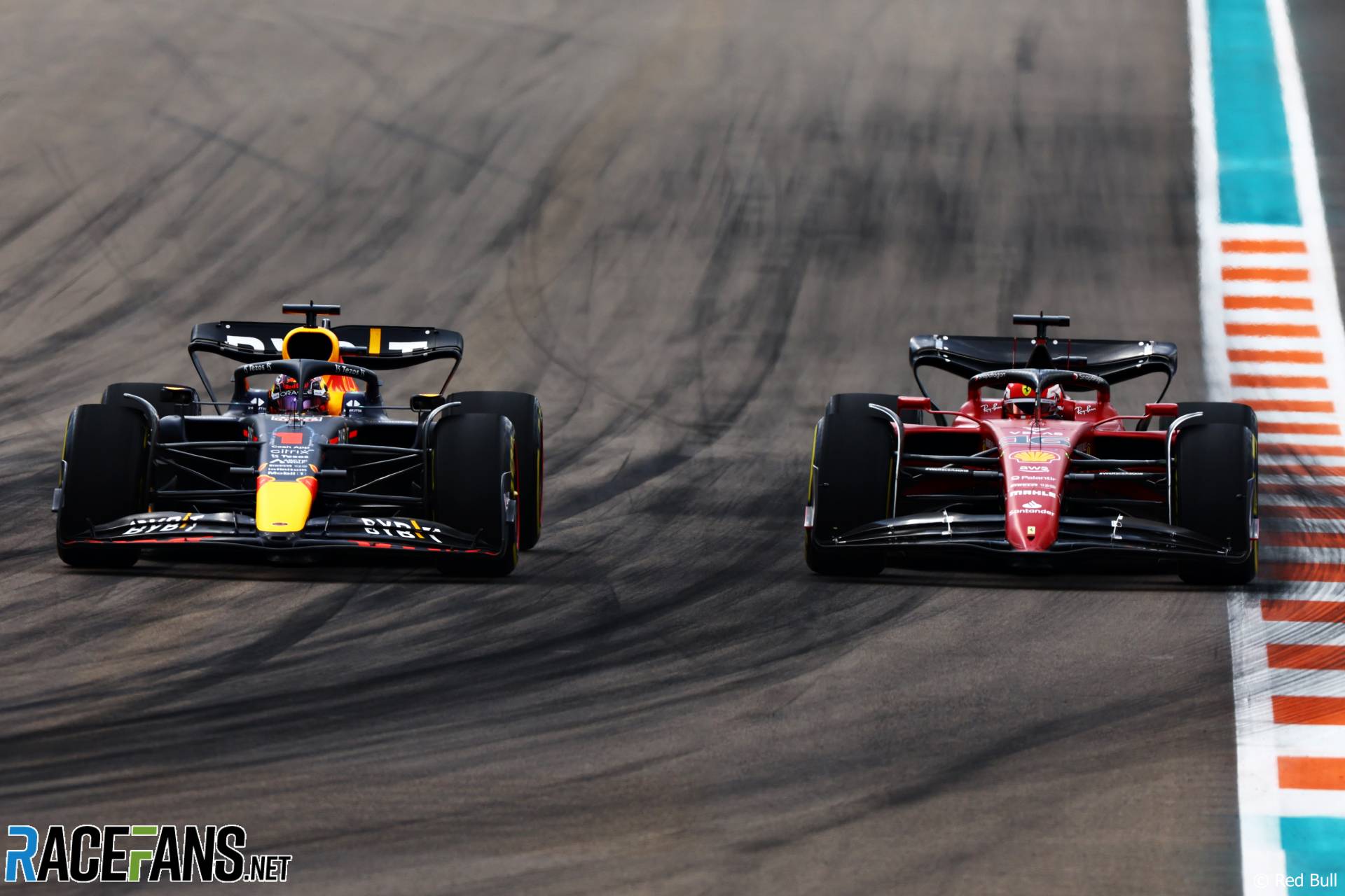 (L to R): Max Verstappen, Red Bull; Charles Leclerc, Ferrari; Miami International Autodrome, 2022