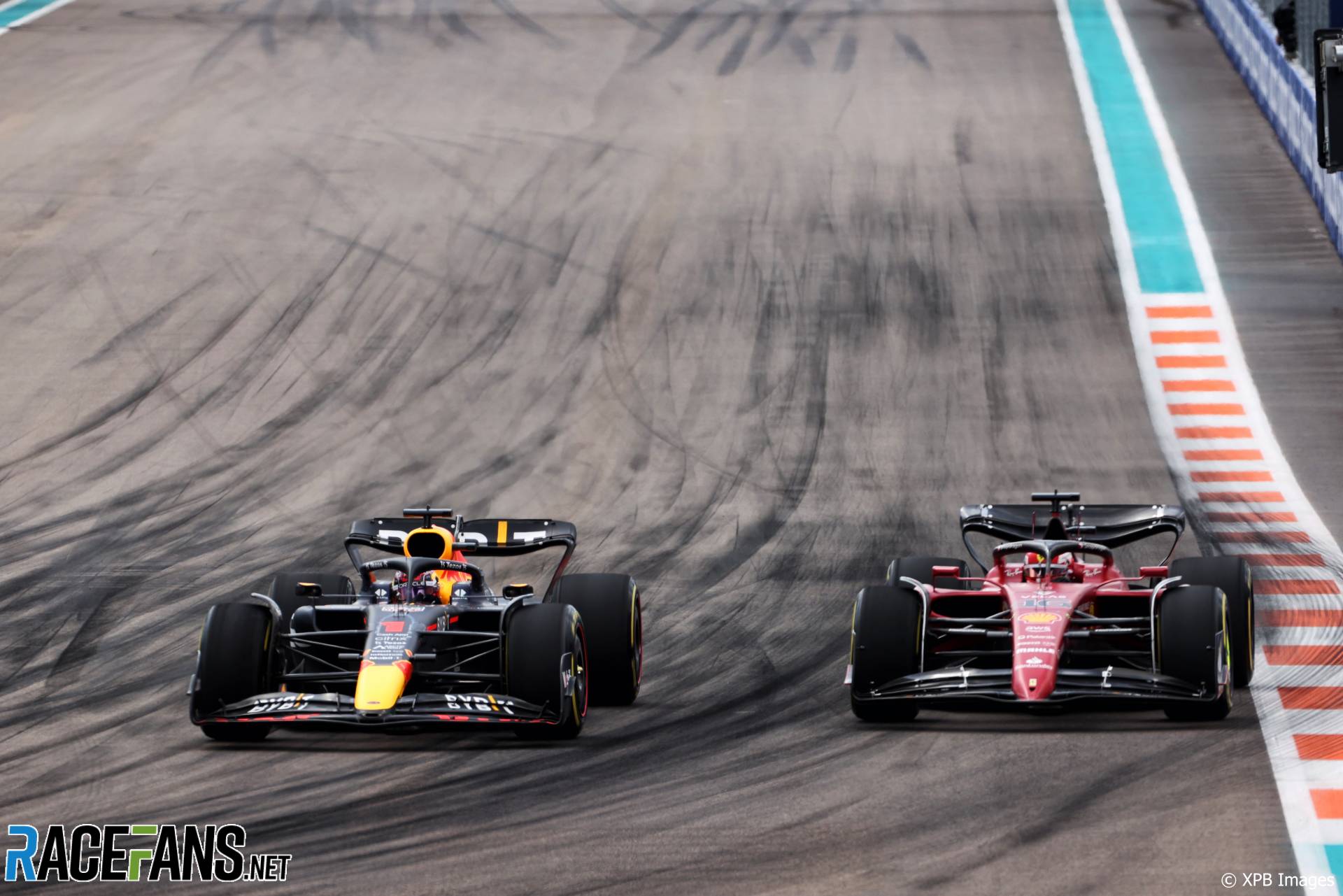 (L to R): Max Verstappen, Red Bull; Carlos Sainz Jr, Ferrari; Miami International Autodrome, 2022