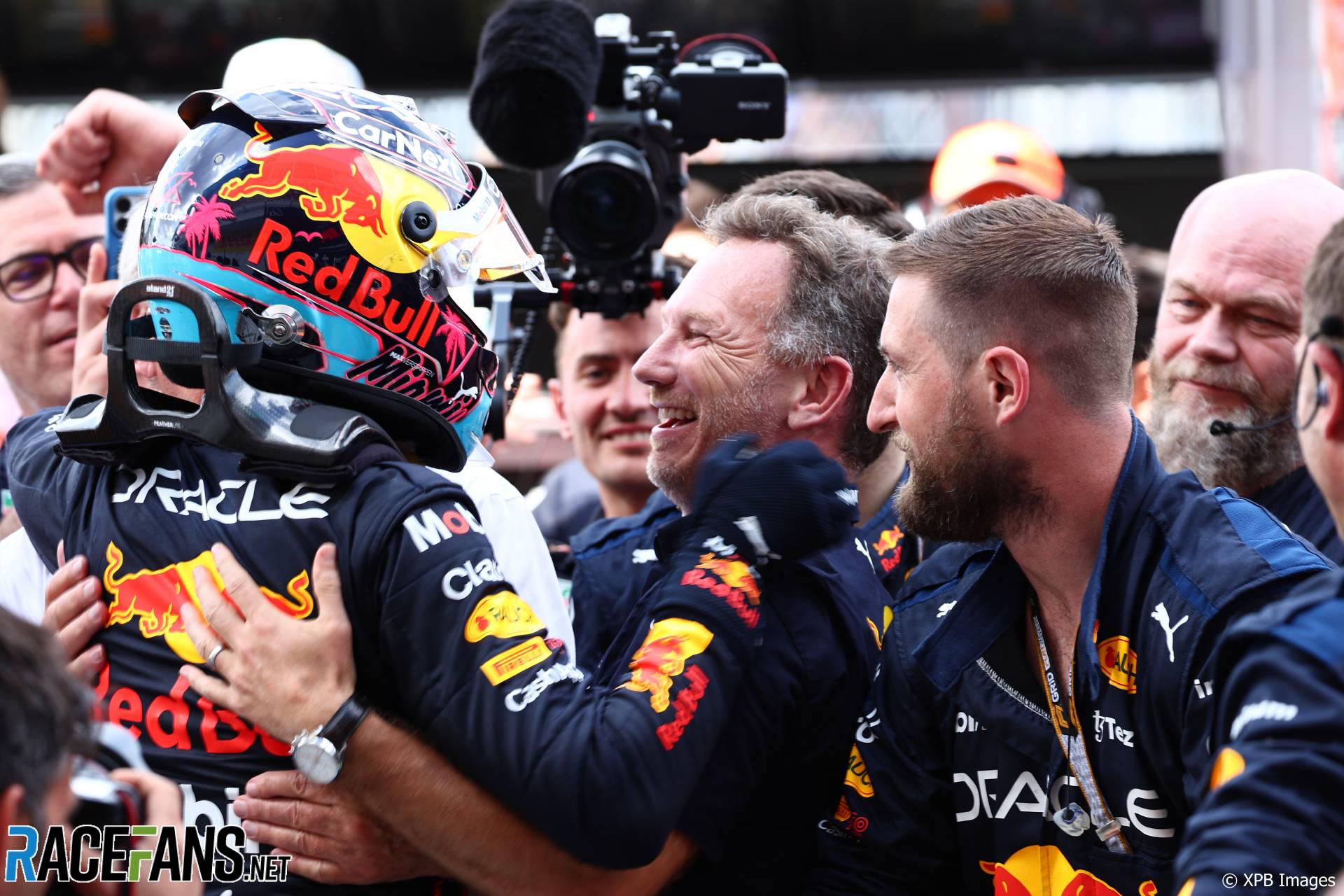 Max Verstappen, Red Bull, celebrates with Christian Horner, Red Bull Team Principal, Miami International Autodrome, 2022