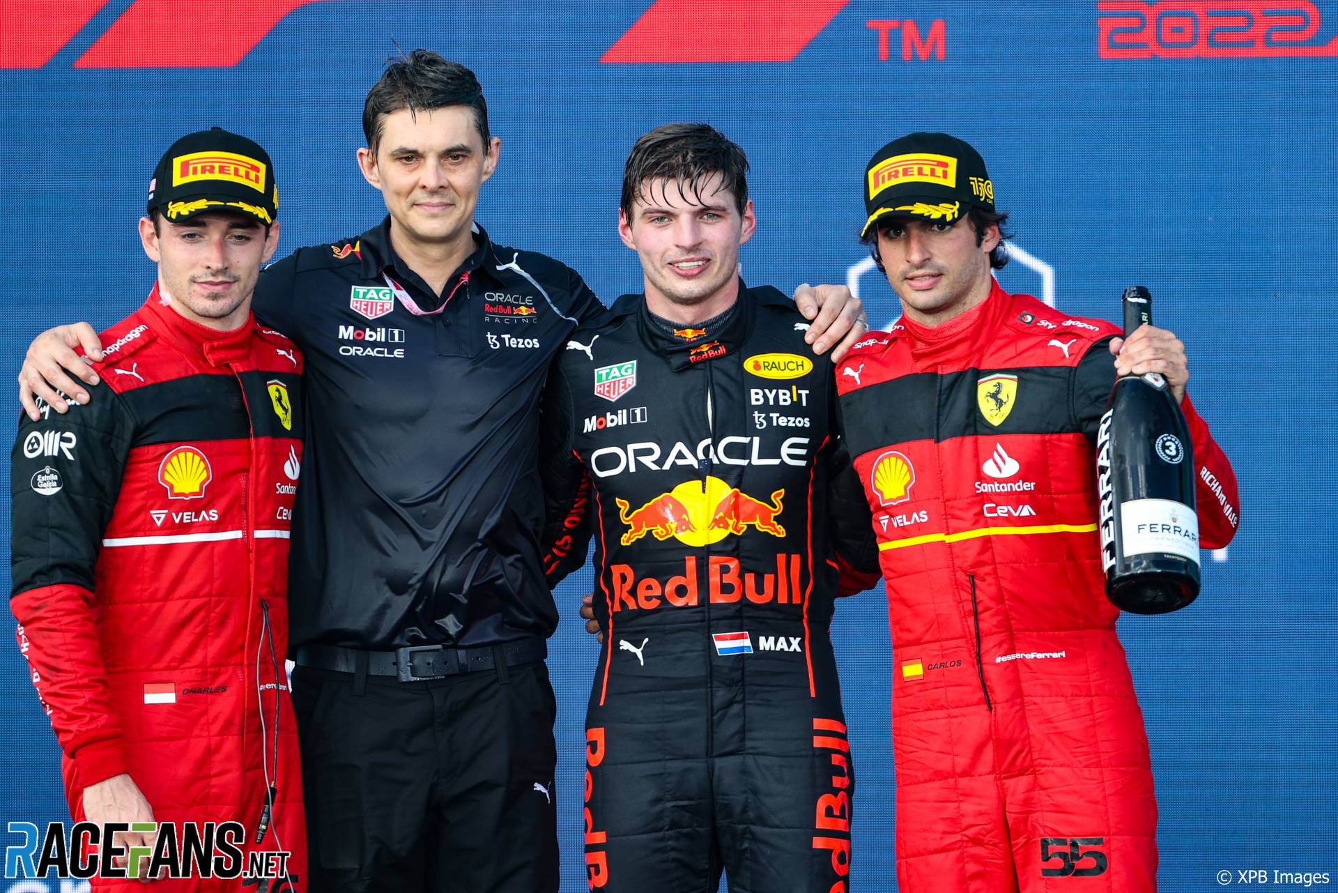 (L to R): Charles Leclerc, Ferrari; Max Verstappen, Red Bull; Carlos Sainz Jr, Ferrari; Miami International Autodrome, 2022