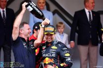 (L to R): Christian Horner, Red Bull Team Principal; Sergio Perez, Red Bull, Monaco, 2022