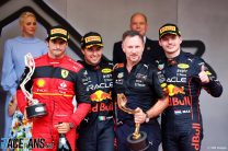 (L to R): Carlos Sainz Jr, Ferrari; Sergio Perez, Red Bull; Christian Horner, Red Bull Team Principal; Monaco, 2022