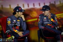 (L to R): Sergio Perez, Max Verstappen, Red Bull; Circuit de Barcelona-Catalunya, 2022