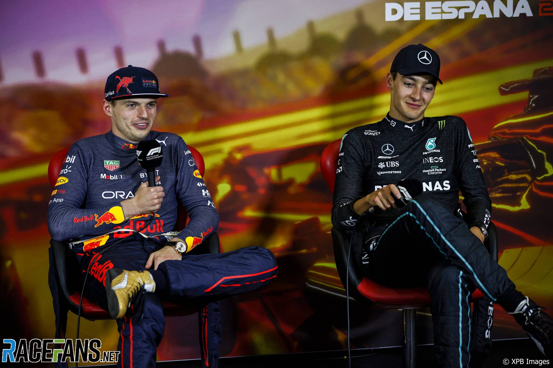 (L to R): Max Verstappen, Red Bull; George Russell, Mercedes; Circuit de Barcelona-Catalunya, 2022