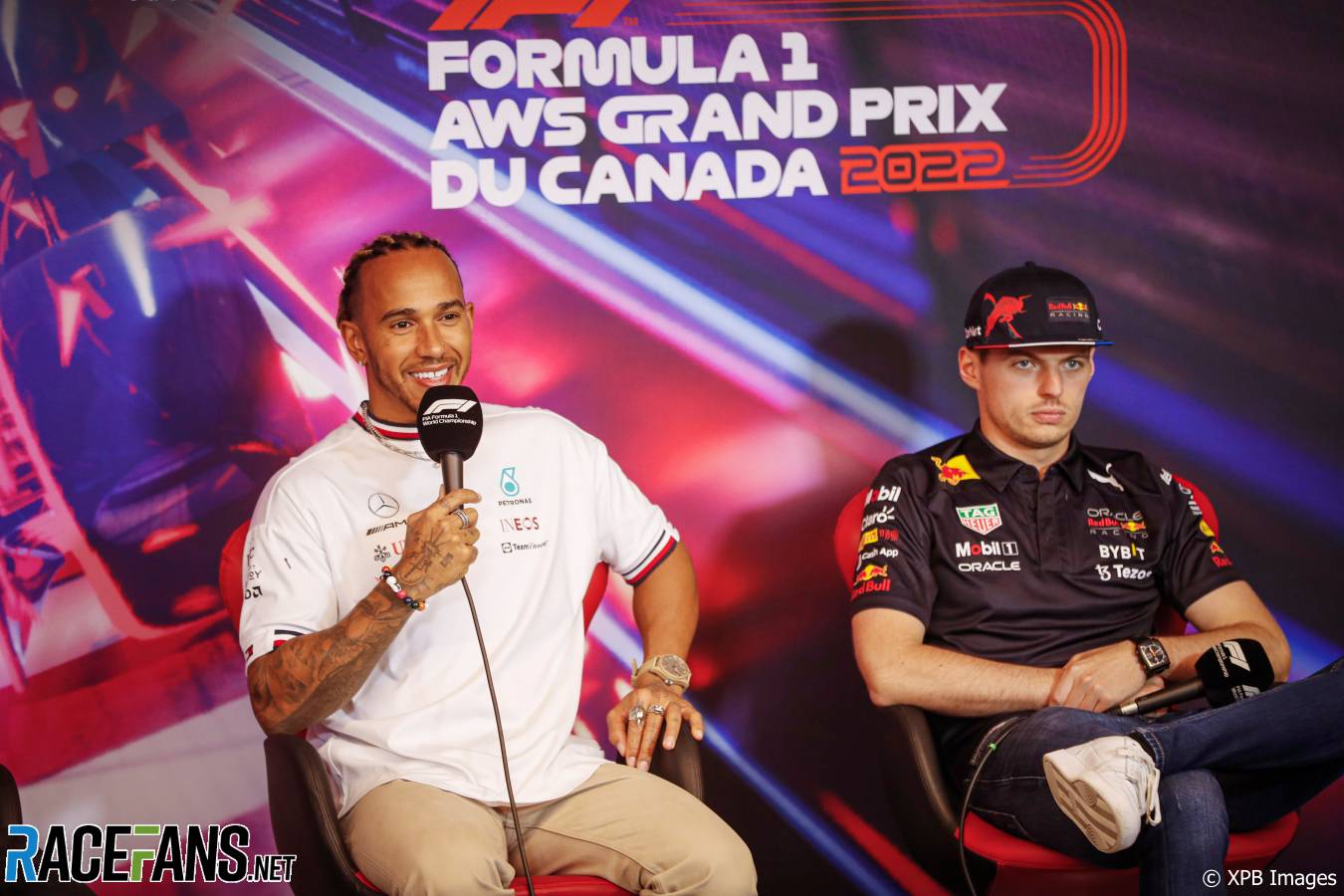 (L to R): Lewis Hamilton, Mercedes; Max Verstappen, Red Bull; Circuit Gilles Villeneuve, 2022