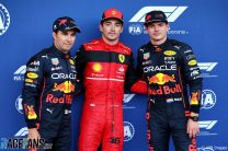 (L to R): Sergio Perez, Red Bull; Charles Leclerc, Ferrari; Max Verstappen, Red Bull; Baku Street Circuit, 2022