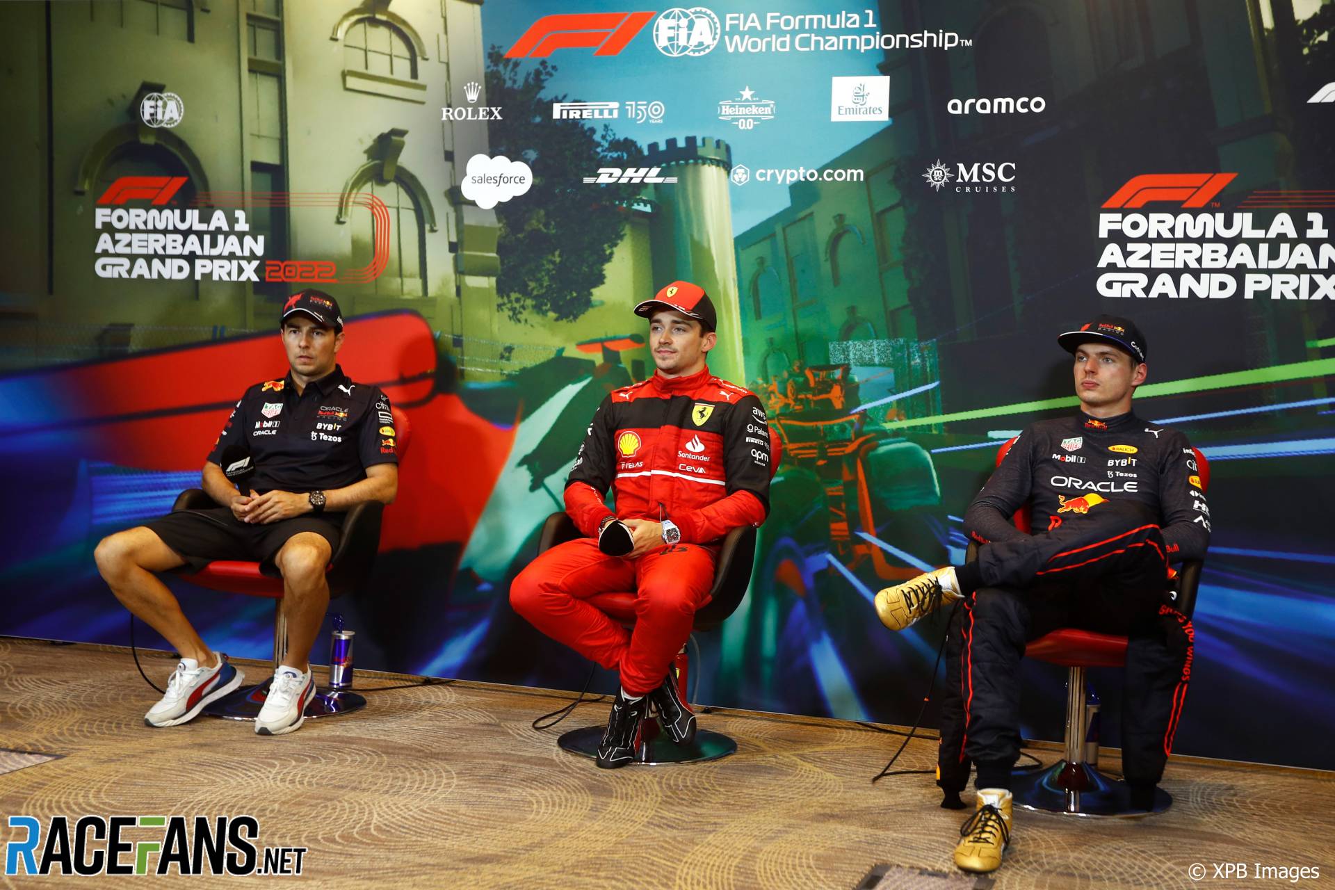 (L to R): Sergio Perez, Red Bull; Charles Leclerc, Ferrari; Max Verstappen, Red Bull, Baku Street Circuit, 2022