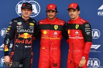 (L to R): Max Verstappen, Red Bul; Carlos Sainz Jr, Charles Leclerc, Ferrari; Silverstone, 2022