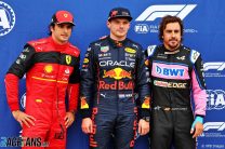 (L to R): Carlos Sainz Jr, Ferrari; Max Verstappen, Red Bull; Fernando Alonso, Alpine; Circuit Gilles Villeneuve, 2022