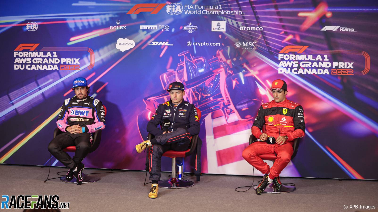 (L to R): Fernando Alonso, Alpine; Max Verstappen, Red Bull; Carlos Sainz Jr, Ferrari; Circuit Gilles Villeneuve, 2022