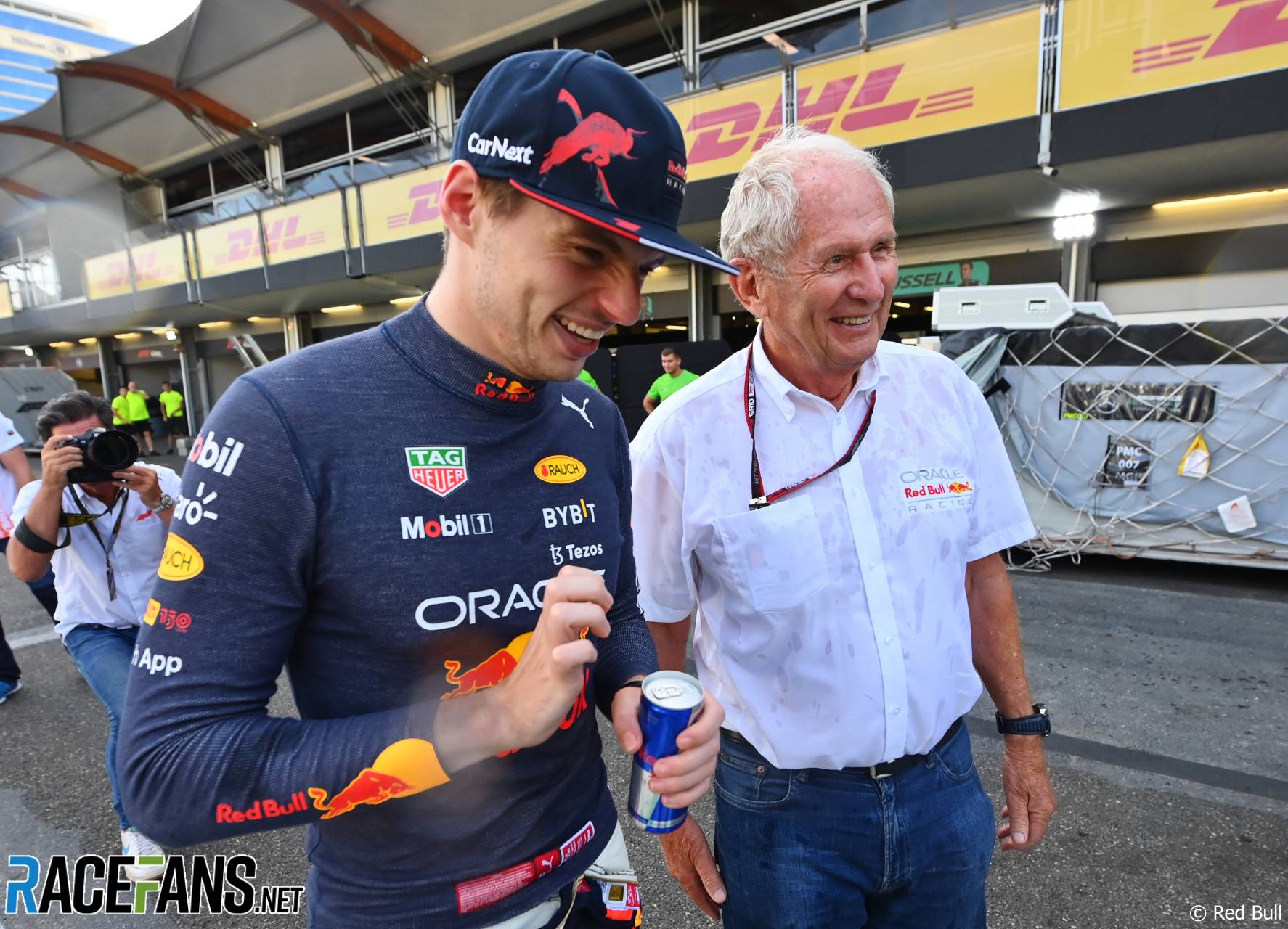 (L to R): Max Verstappen, Red Bull; Dr Helmut Marko, Red Bull Racing Team Consultant; Baku Street Circuit, 2022