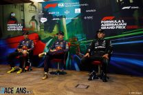 (L to R): Sergio Perez, Max Verstappen, Red Bull; George Russell, Mercedes; Baku Street Circuit, 2022