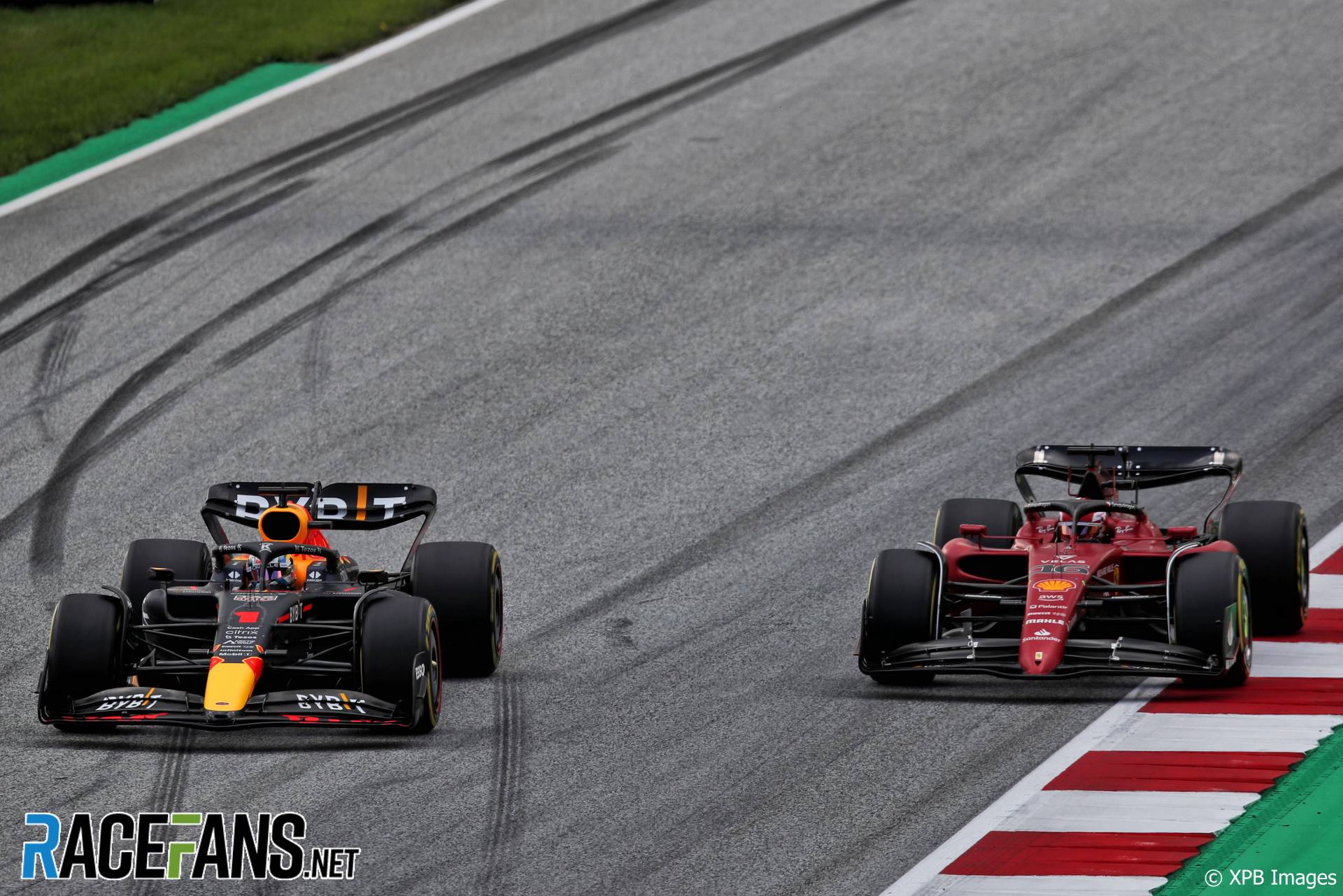 (L to R): Max Verstappen, Red Bull; Charles Leclerc, Ferrari; Red Bull Ring, 2022