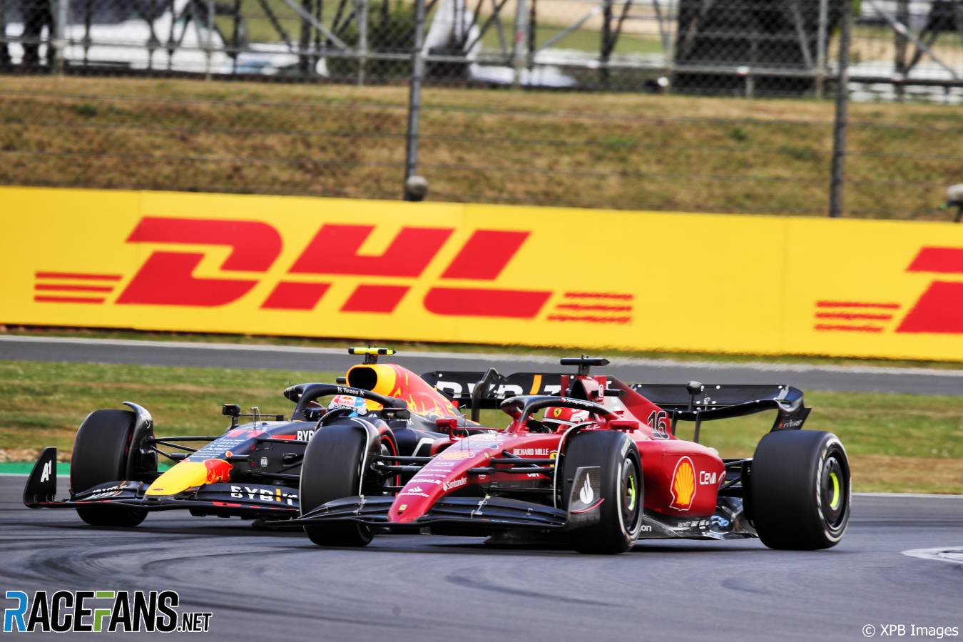 (L to R): Sergio Perez, Red Bull; Charles Leclerc, Ferrari; Silverstone, 2022