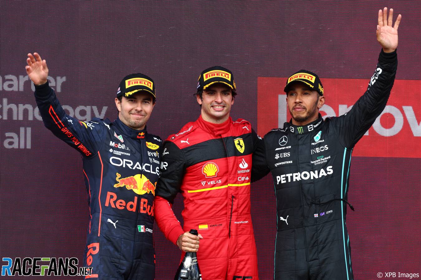 (L to R): Sergio Perez, Red Bull; Carlos Sainz Jr, Ferrari; Lewis Hamilton, Mercedes; Silverstone, 2022